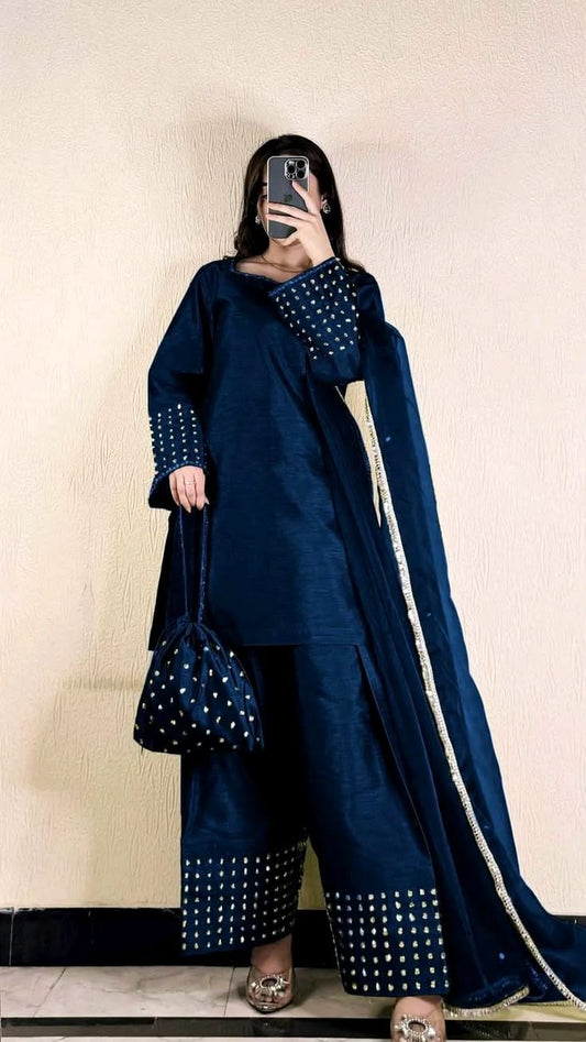 Embellished Farshi Shalwar Suit with Dupatta & Potli