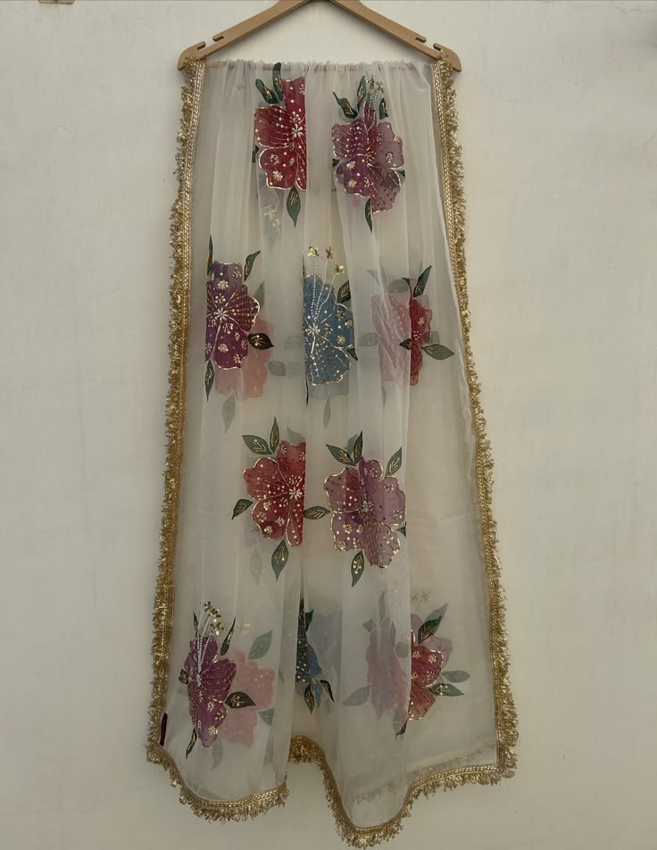 Multicolour Floral Hand-Embellished Organza Dupatta