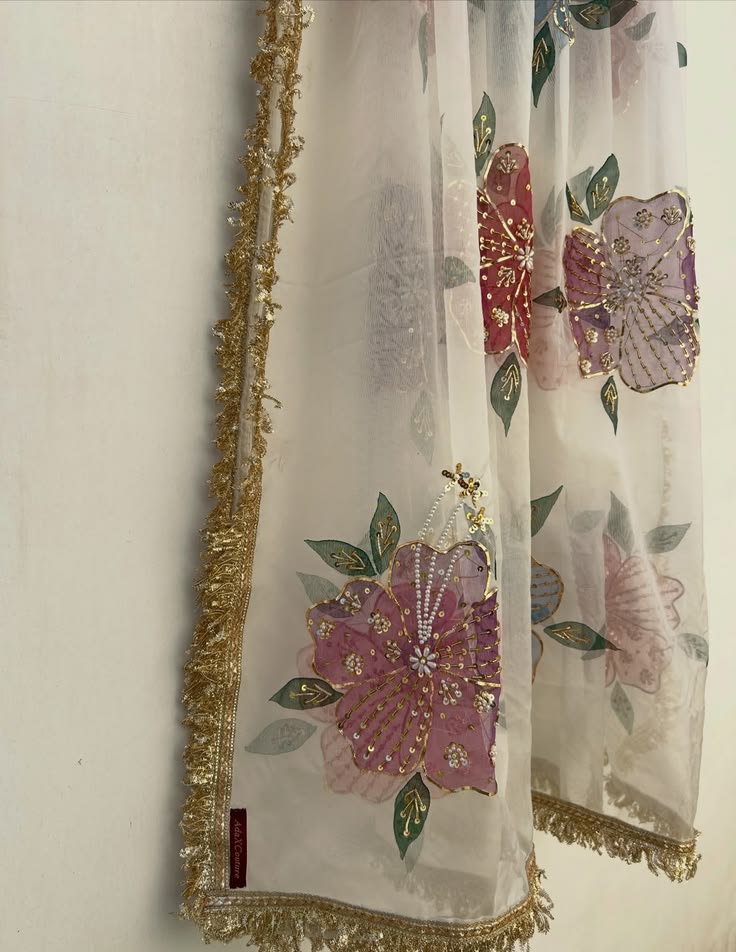 Multicolour Floral Hand-Embellished Organza Dupatta