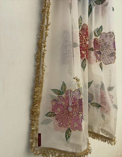Multicolour Floral Hand-Embellished Organza Dupatta
