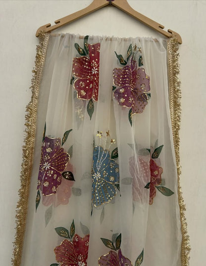 Multicolour Floral Hand-Embellished Organza Dupatta