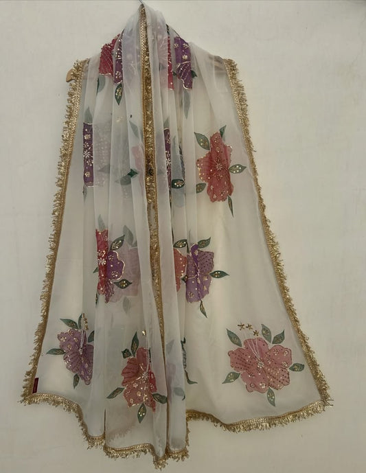 Multicolour Floral Hand-Embellished Organza Dupatta