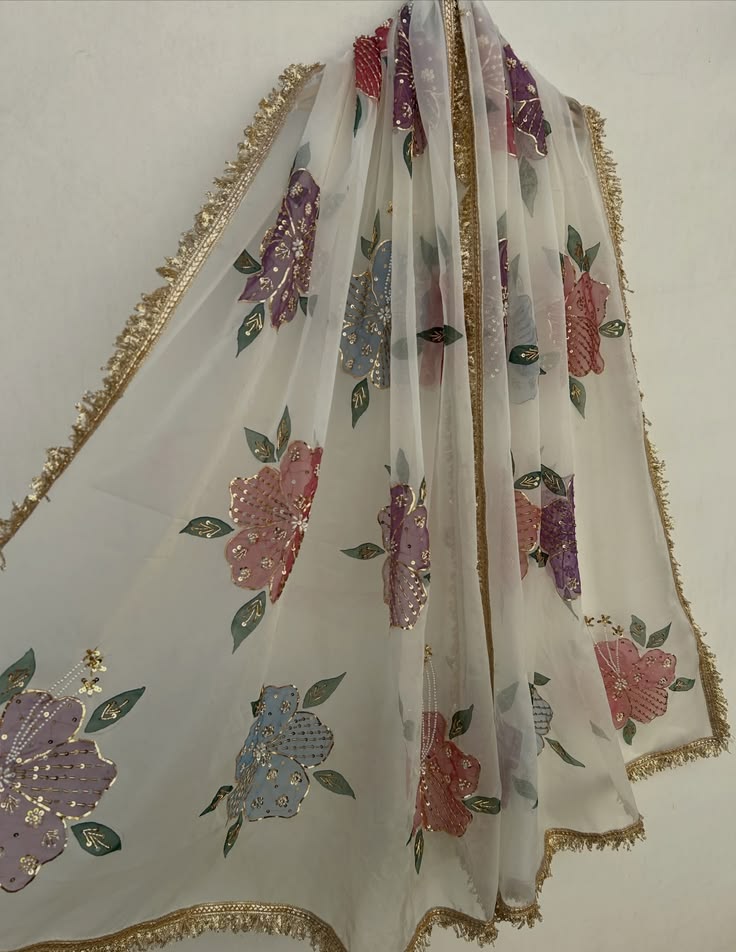 Multicolour Floral Hand-Embellished Organza Dupatta