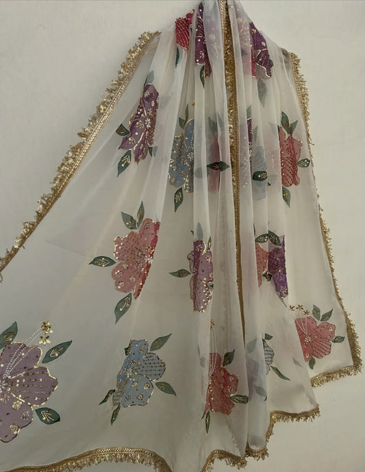 Multicolour Floral Hand-Embellished Organza Dupatta