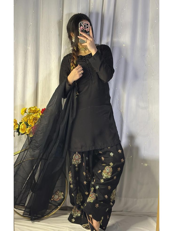 Black Embellished Shalwar Kameez with Organza Dupatta