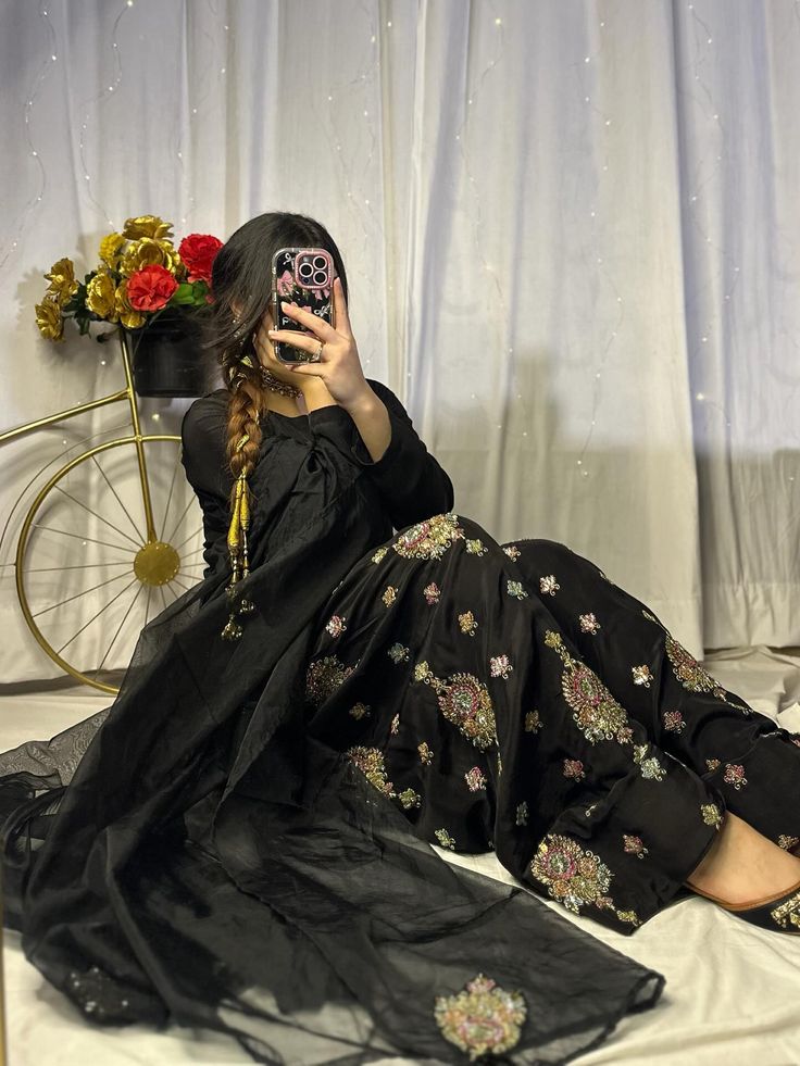Black Embellished Shalwar Kameez with Organza Dupatta