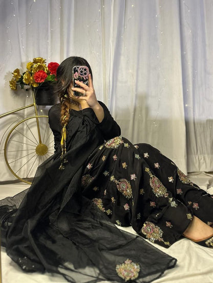 Black Embellished Shalwar Kameez with Organza Dupatta