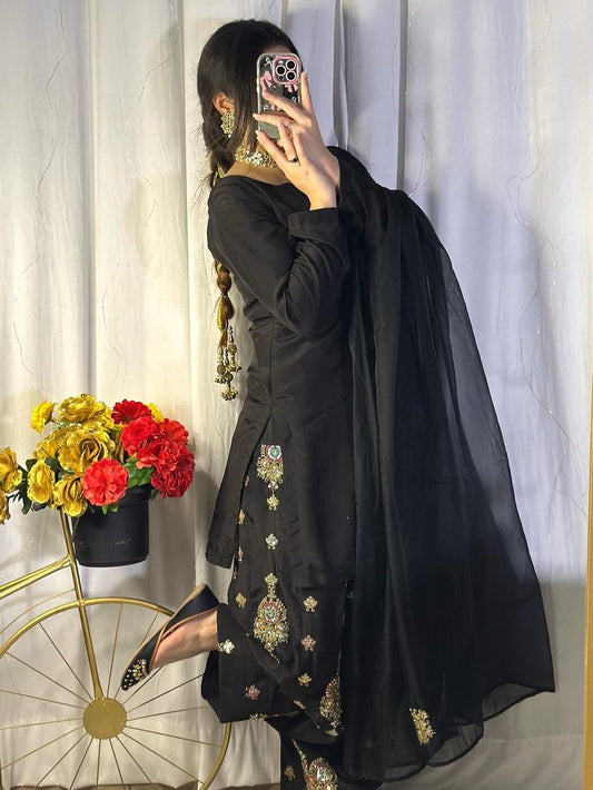 Black Embellished Shalwar Kameez with Organza Dupatta