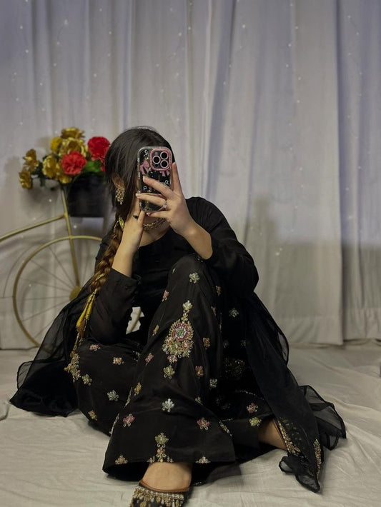 Black Embellished Shalwar Kameez with Organza Dupatta