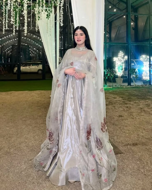 Silver Long Frock with Embellished Floral Dupatta