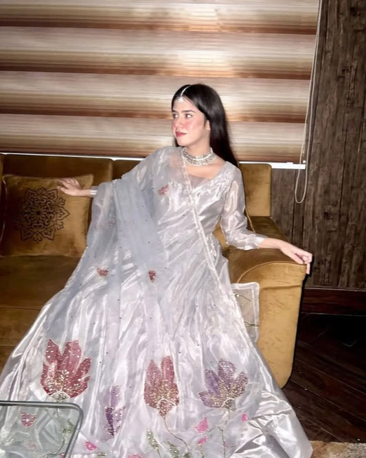 Silver Long Frock with Embellished Floral Dupatta