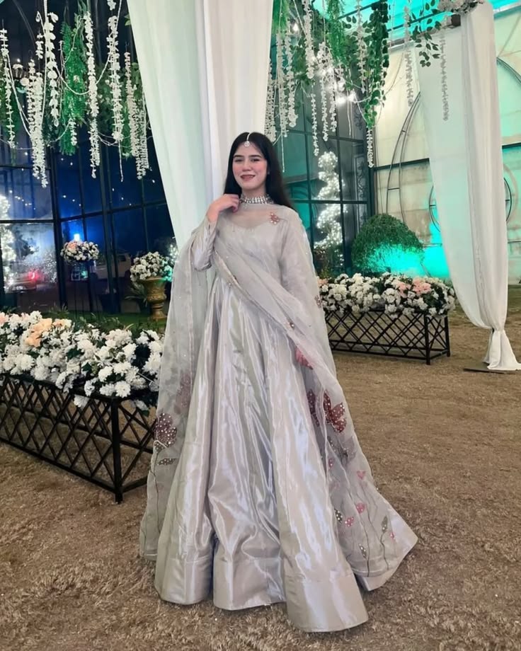 Silver Long Frock with Embellished Floral Dupatta
