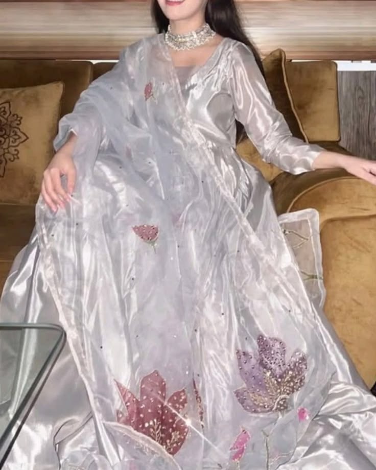Silver Long Frock with Embellished Floral Dupatta