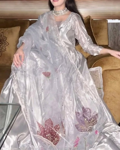 Silver Long Frock with Embellished Floral Dupatta