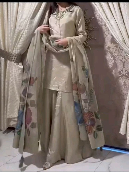 Hand-Painted & Embellished Dupatta & 3 Piece Dress