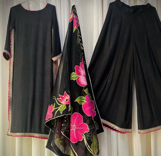 3 Piece Suit with Hand-Painted Floral Dupatta