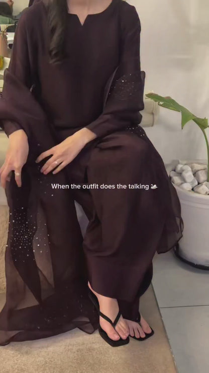 Deep Plum Farshi Shalwar Suit with Embellished Dupatta